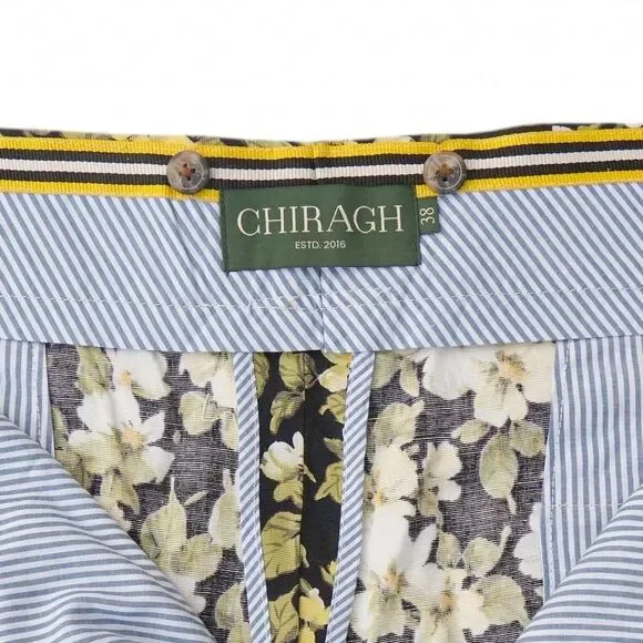 Mens Gurkha Pants 38 Green Yellow Black Floral Trousers Straight Fit Flat Front